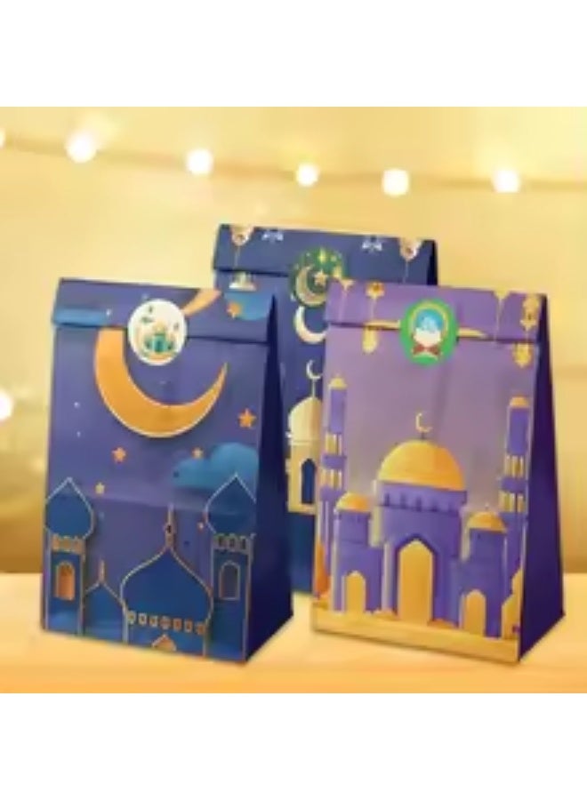 12PCS Ramadan & Eid Mubarak Gift Paper Bags with Stickers – 4 Assorted Islamic Designs Flat Bottom Party Favor Bags for Candy & Treats - Image 5